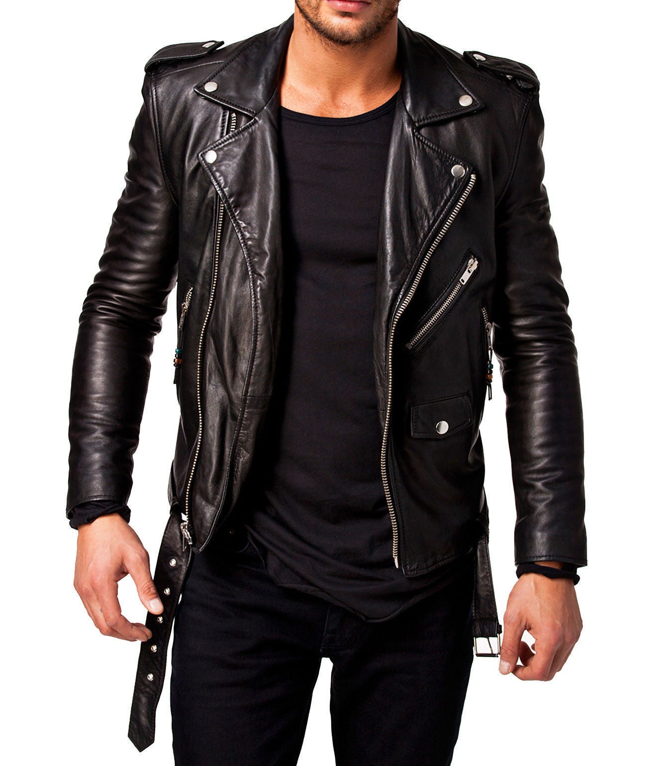 High Quality Men Slim Blue Motorcycle Leather Jackets Punk style